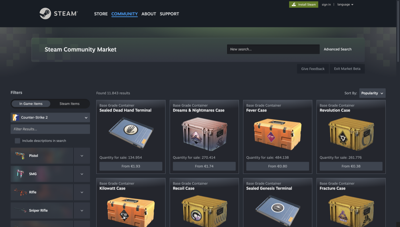 New Steam Community Market beta homepage from May 2026 with redesigned wider layout and CS2 case listings.